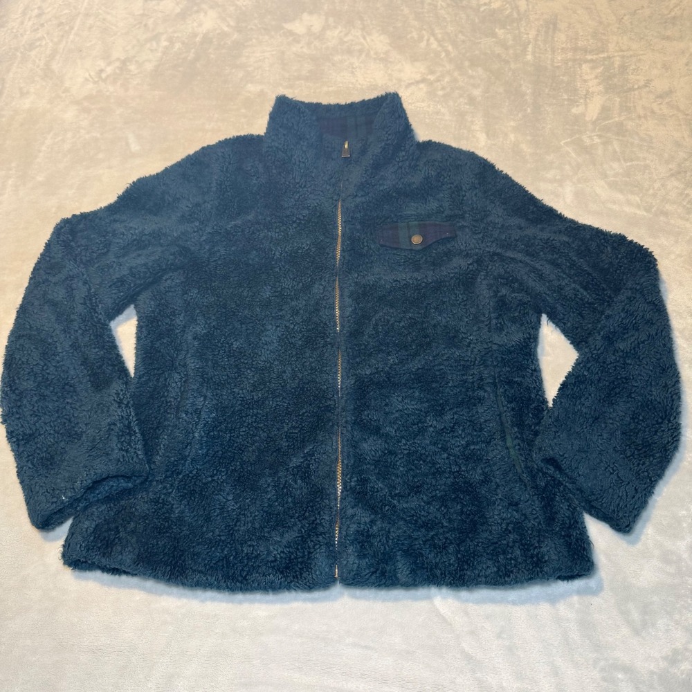 Pendleton Women's Dark Teal Sherpa‎ Fleece Full Zip Jacket Plaid Trim Size Small